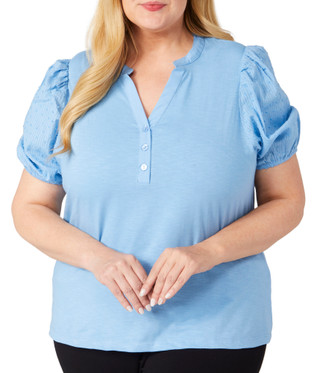 Thumbnail 1: Kaktus Kaktus Plus Short Puff Sleeve Cotton Henley Top 