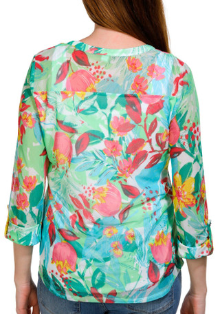 Thumbnail 2: Juniper + Lime Juniper + Lime Womens Print Pleated Henley 3/4 Sleeve Top 