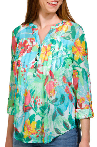 Thumbnail 1: Juniper + Lime Juniper + Lime Womens Print Pleated Henley 3/4 Sleeve Top 