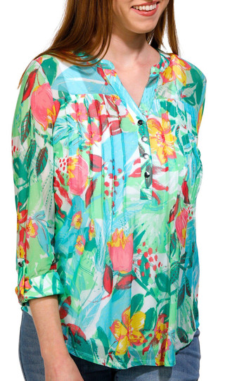 Thumbnail 5: Juniper + Lime Juniper + Lime Womens Print Pleated Henley 3/4 Sleeve Top 