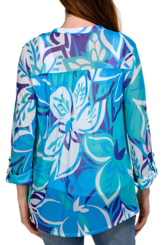 Thumbnail 2: Juniper + Lime Juniper + Lime Womens Print Trim Inset Henley 3/4 Sleeve Top 