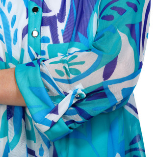 Thumbnail 4: Juniper + Lime Juniper + Lime Womens Print Trim Inset Henley 3/4 Sleeve Top 