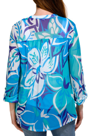 Thumbnail 2: Juniper + Lime Juniper + Lime Womens Print Trim Inset Henley 3/4 Sleeve Top 