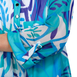 Thumbnail 4: Juniper + Lime Juniper + Lime Womens Print Trim Inset Henley 3/4 Sleeve Top 