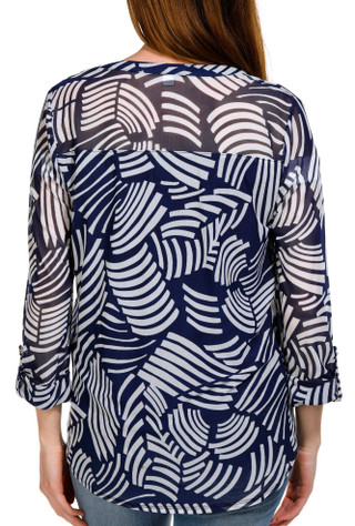 Thumbnail 2: Juniper + Lime Juniper + Lime Womens Print Pleated Henley 3/4 Sleeve Top 