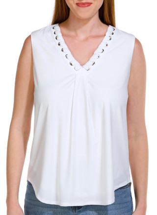 Thumbnail 1: Juniper + Lime Juniper + Lime Womens Sleeveless V-Neck Solid Ruff Top 