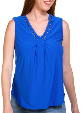 Thumbnail 1: Juniper + Lime Juniper + Lime Womens Sleeveless V-Neck Solid Ruff Top 