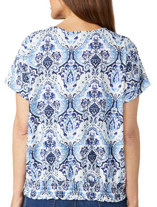 Thumbnail 1: Juniper + Lime Juniper + Lime Petite Short Sleeve Jacquard Print Top 