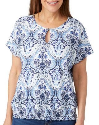 Thumbnail 2: Juniper + Lime Juniper + Lime Petite Short Sleeve Jacquard Print Top 