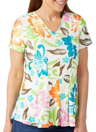Thumbnail 1: Coral Bay Coral Bay Womens Short Sleeve Floral V-Neck Top 