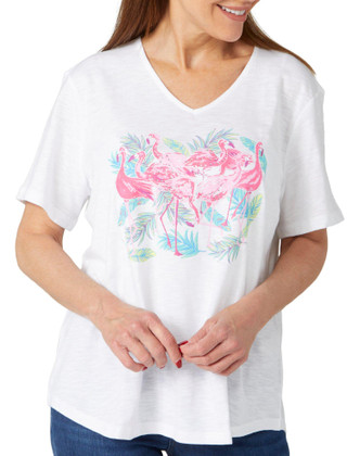 Thumbnail 1: Coral Bay Coral Bay Petite V-Neck Flamingo & Fronds Top 
