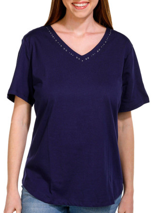 Thumbnail 4: Coral Bay Coral Bay Womens Short Sleeve V-Neck Simple Bling Top 