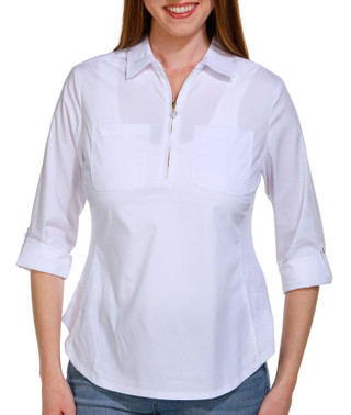 Thumbnail 1: Zac & Rachel Zac & Rachel Petite Button Front 3/4 Cuff Sleeve Poplin Top 