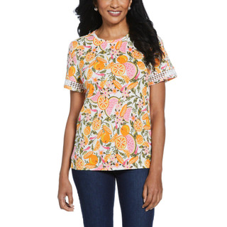 Thumbnail 1: Rafaella Rafaella Petite Short Sleeve Floral Lace Trim Top 