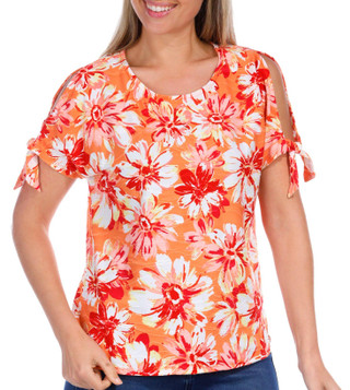 Thumbnail 1: Juniper + Lime Juniper + Lime Womens Floral Cold Shoulder Tie Top 