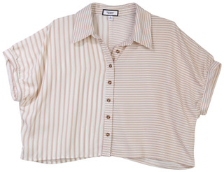 Thumbnail 1: DISCREET Discreet Juniors Short Sleeve Stripe Button Down Crop Top 
