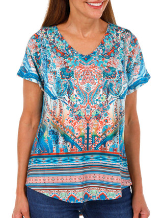 Thumbnail 1: OneWorld One World Womens Short Sleeve Boho Floral Top 
