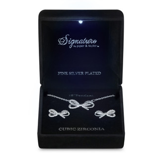 Thumbnail 1: Signature Signature Boxed CZ Bow Necklace and Bow Stud Earring Set 