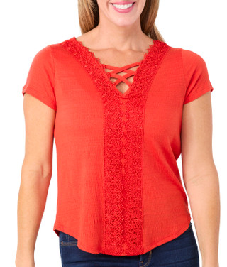 Thumbnail 1: Thomas & Olivia Thomas & Olivia Petite Short Sleeve Lace Trim Lattice Top 