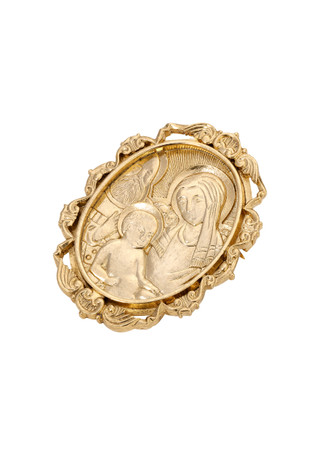 Thumbnail 1: SYMBOLS OF FAITH Symbols of Faith Gold Tone Virgin Mary & Child Oval Pin 