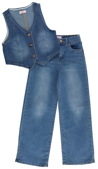 Thumbnail 1: YMI YMI Big Girls 2 Pc Denim Vest & Wide Leg Jeans Set 