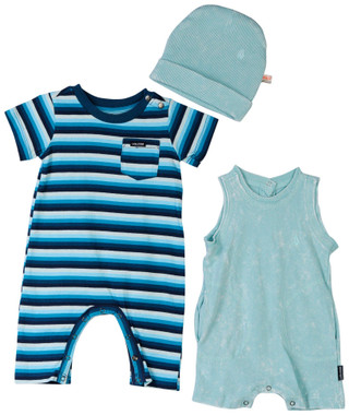 Thumbnail 1: VOLCOM Volcom Baby Boys 3 Pc Stripe Solid Rompers and Hat Set 