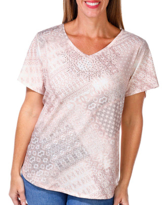 Thumbnail 1: ONE WORLD One World Womens Short Sleeve Embellished Sand Patch Top 