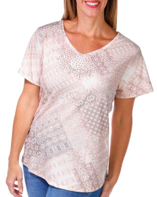 Thumbnail 4: ONE WORLD One World Womens Short Sleeve Embellished Sand Patch Top 