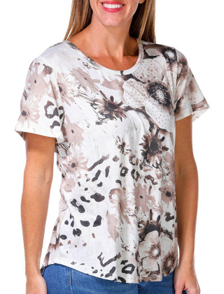 Thumbnail 4: ONE WORLD One World Womens Short Sleeve Embellished Floral Top 