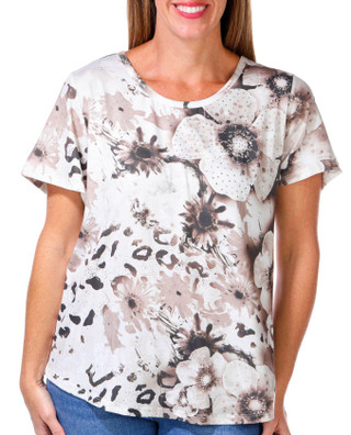 Thumbnail 1: ONE WORLD One World Womens Short Sleeve Embellished Floral Top 