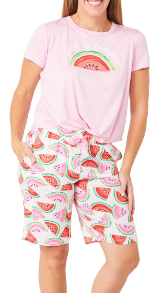 Thumbnail 3: JACLYN Jaclyn Womens 3 Pc Watermelon Print Pajama Short Set 