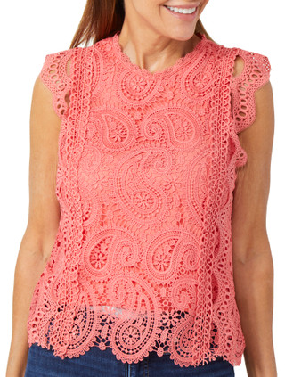 Thumbnail 1: Ellen Tracy Ellen Tracy  Flutter Sleeveless Lace Top 