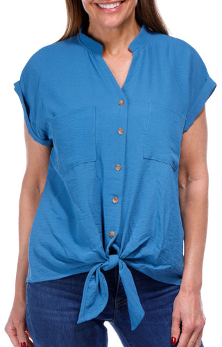 Thumbnail 3: Good Days Only Women's Solid Button Down Tie Front Top 