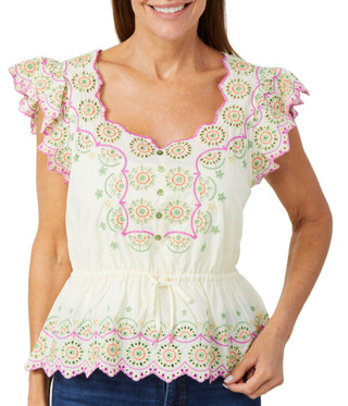 Thumbnail 1: Democracy Democracy Womens Short Sleeve Flounce Embroidered Top 