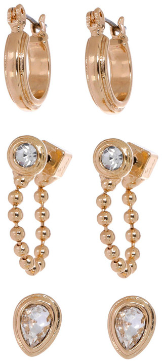 Thumbnail 1: NINE WEST Nine West Gold Tone Rhinestone Stud Hoop Earring Set 