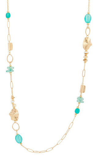 Thumbnail 1: Beach Chic Beach Chic 38 in Aqua Long Gold Tone Fashion Necklace 