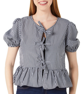 Thumbnail 1: LIBERTY LOVE Juniors Gingham Print Tie Front Top 