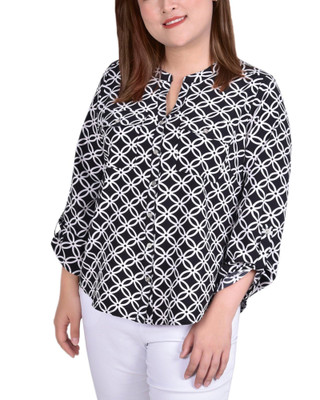 Thumbnail 1: NY COLLECTION NY Collection Plus 3/4 Sleeve Roll Tab Neck Blouse 