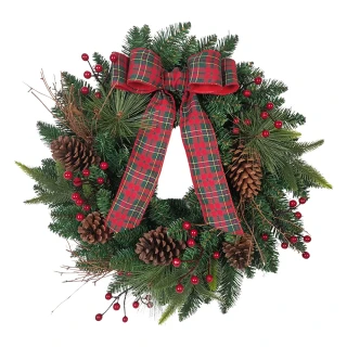Thumbnail 1: Kurt Adler 24 in. Unlit Green Wreath with Bow Holly Berries & Cones 