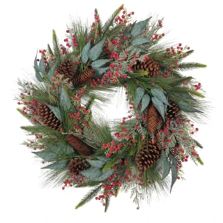 Thumbnail 1: Kurt Adler 24 in. Unlit Decorated Rattan with Pinecones Wreath 