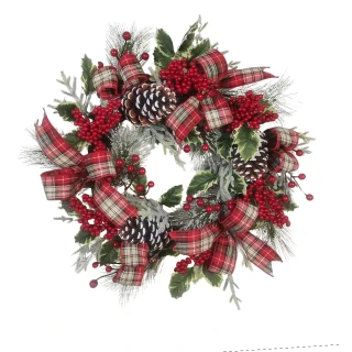 Thumbnail 1: Kurt Adler 24 in. Unlit Rattan Wreath with Plaid Bow and Holly Berry 