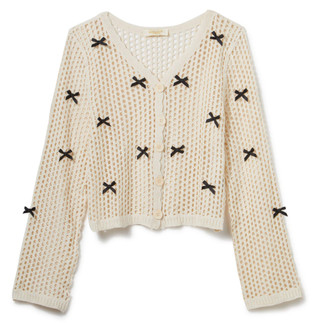 Thumbnail 1: REBELLION Rebellion Juniors Long Sleeve Bow Button Front Crochet Top 