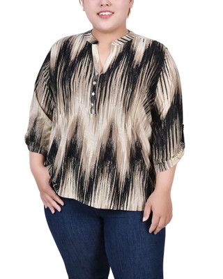 Thumbnail 1: NY COLLECTION NY Collection Plus Size 3/4 Roll Tab Sleeve Y Neck Top 