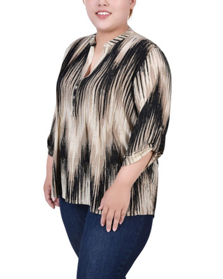 Thumbnail 3: NY COLLECTION NY Collection Plus Size 3/4 Roll Tab Sleeve Y Neck Top 