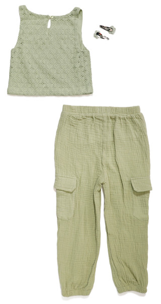 Thumbnail 2: Btween Btween Little Girl 3 Pc Crochet Tank Jogger Set Eyelet 