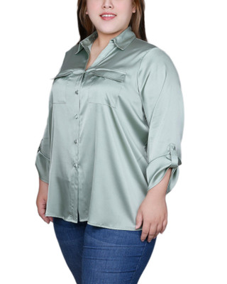 Thumbnail 3: NY COLLECTION NY Collection Plus 3/4 Sleeve Roll Tab Satin Blouse 