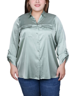 Thumbnail 1: NY COLLECTION NY Collection Plus 3/4 Sleeve Roll Tab Satin Blouse 