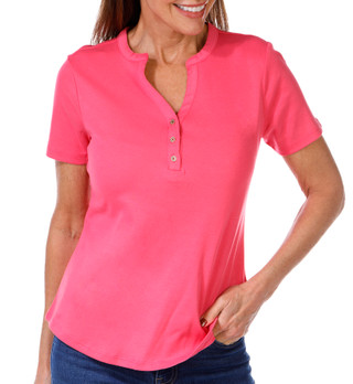 Thumbnail 4: Coral Bay Coral Bay Womens Solid Short Sleeve Henley Top 