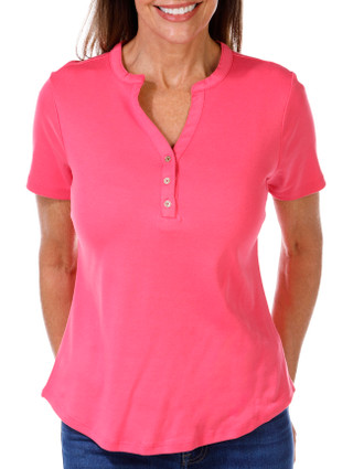 Thumbnail 1: Coral Bay Coral Bay Womens Solid Short Sleeve Henley Top 
