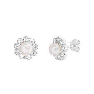 Thumbnail 1: ISABELLA M Isabella M Cubic Zirconia Pearly Flower Stud Earrings 